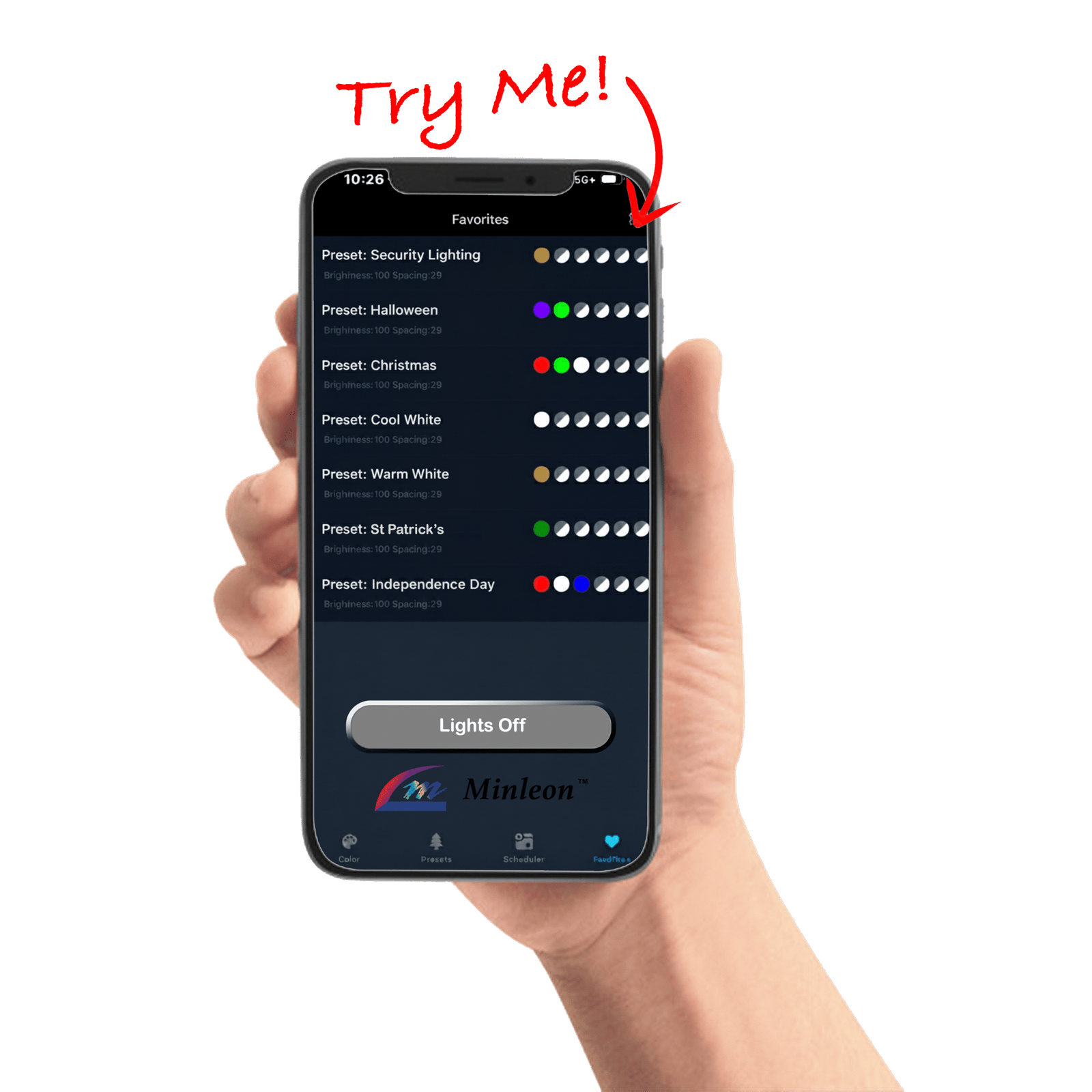 Hand holding phone with lighting control app interface